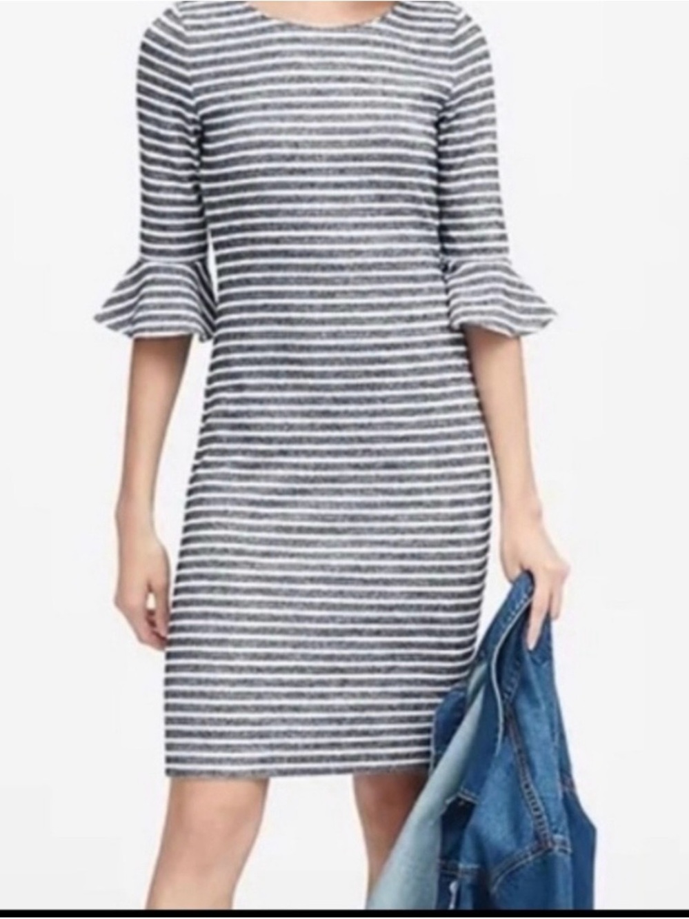 Banana Republic Black & White Striped Ruffle-Sleeve Midi Dress